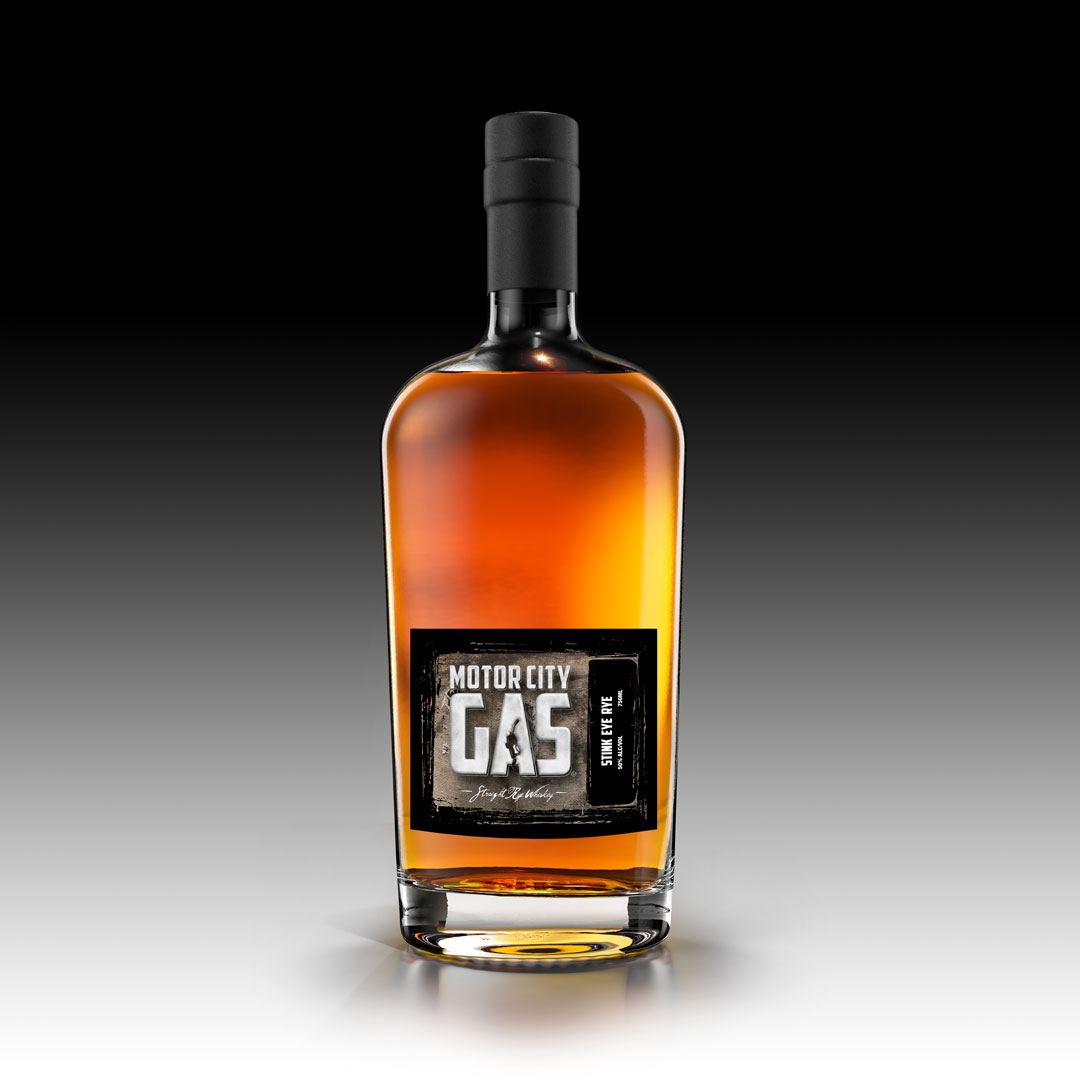 Stink Eye Rye Michigan high rye whiskey bottle aged 6 years 100 proof by Motor City Gas in Royal Oak Michigan
